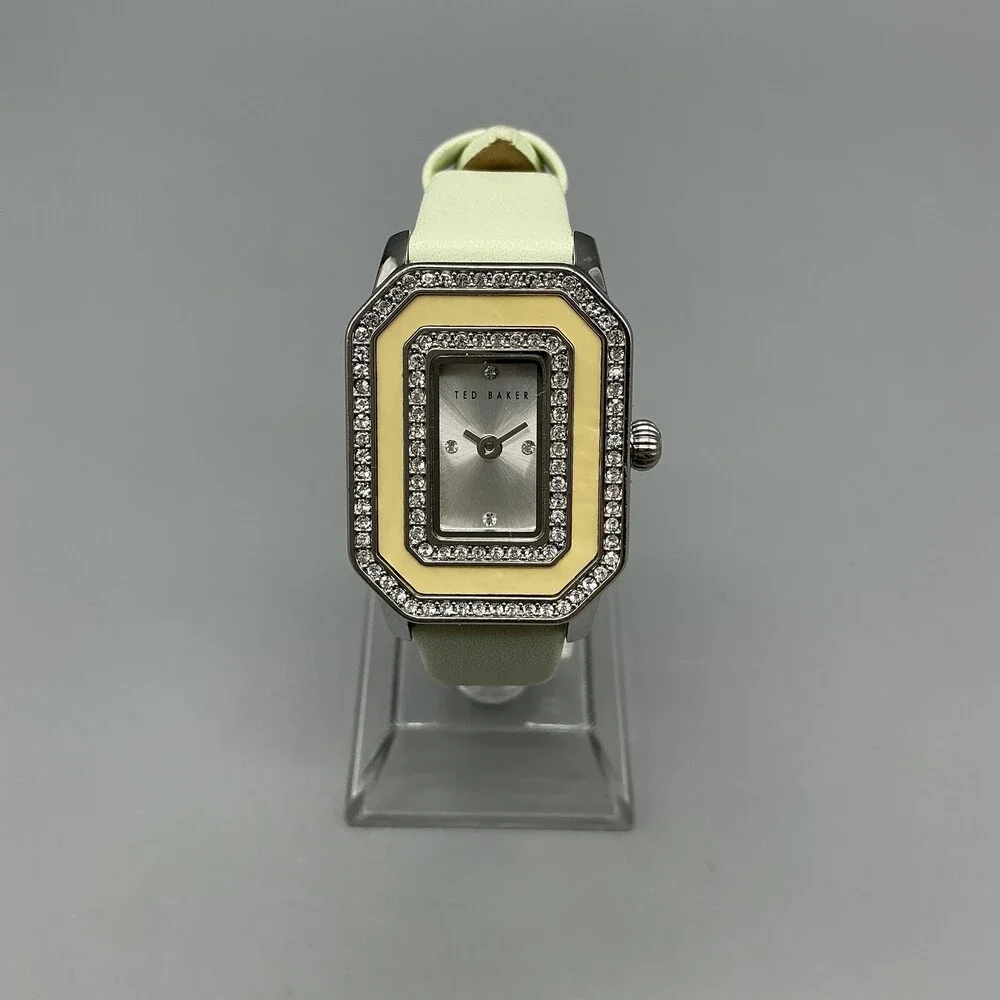 Ted Baker Womens Watch 24mm Silver Tone Crystals Green Leather New Battery